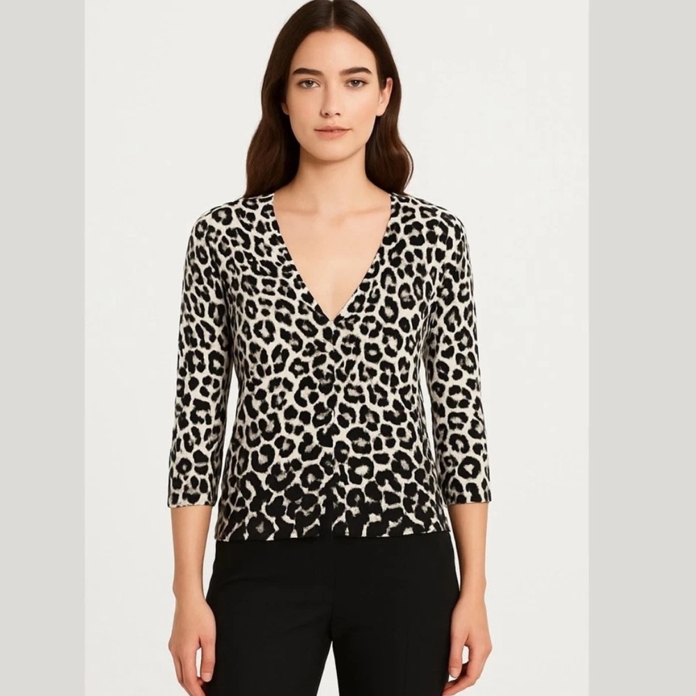 White House Black Market Leopard Print V-Neck Sweater